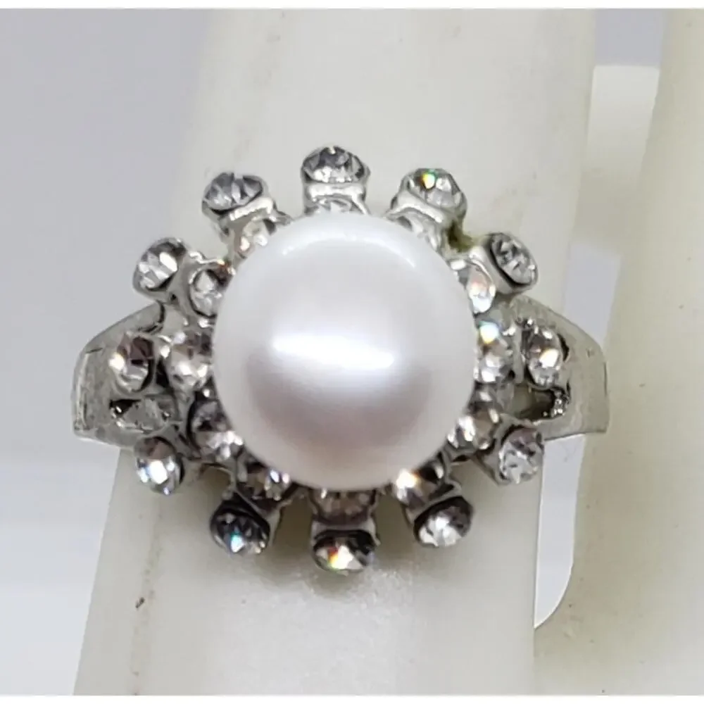 Vintage Big Ring Silver Genuine Pearl & Rhinestone Cluster Cocktail Domed sz 9